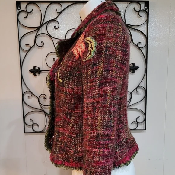 Floral Plaid Wool Blend Women's Blazer Size10 Fringe Classic Jacket - Picture 9 of 15